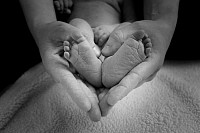 Manos de adulto y pies de bebé formando un corazón